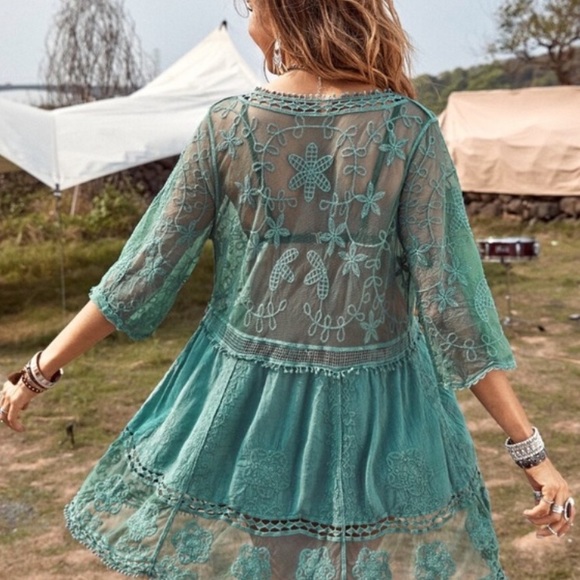 Bohemian Floral Embroidered Beach Cover up Burnt Orange - Picture 11 of 12